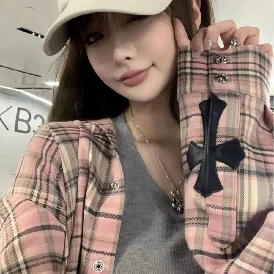 Y2k Pink Plaid Button Up Shirt