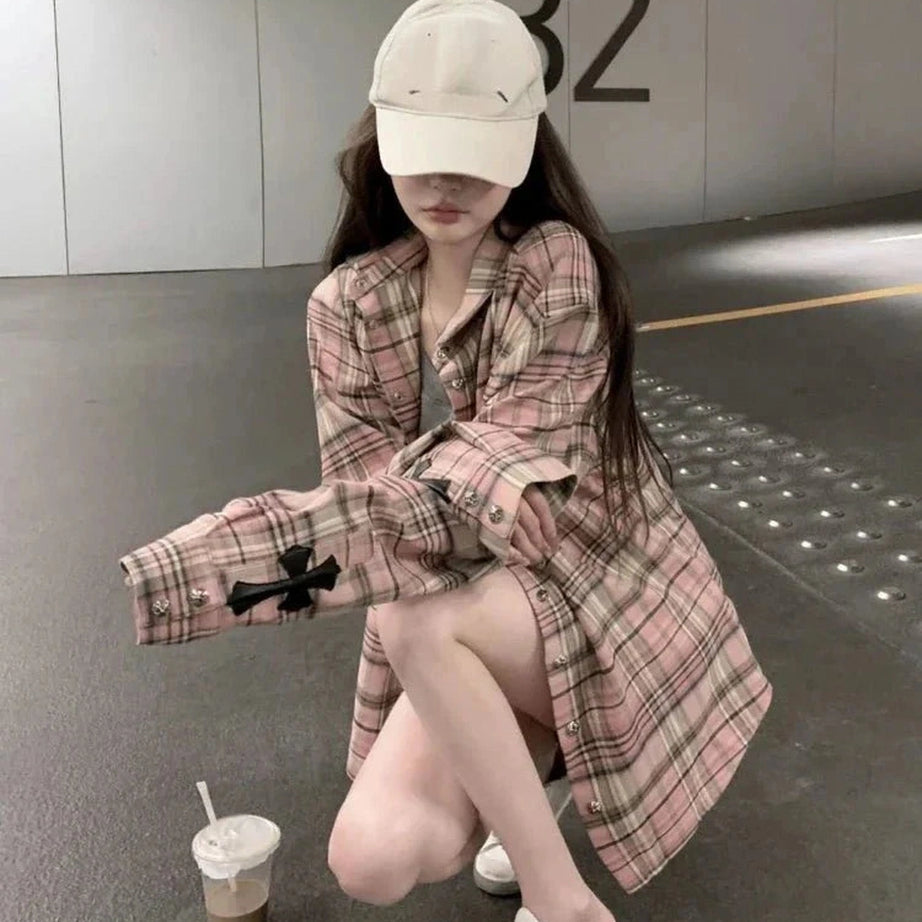 Y2k Pink Plaid Button Up Shirt