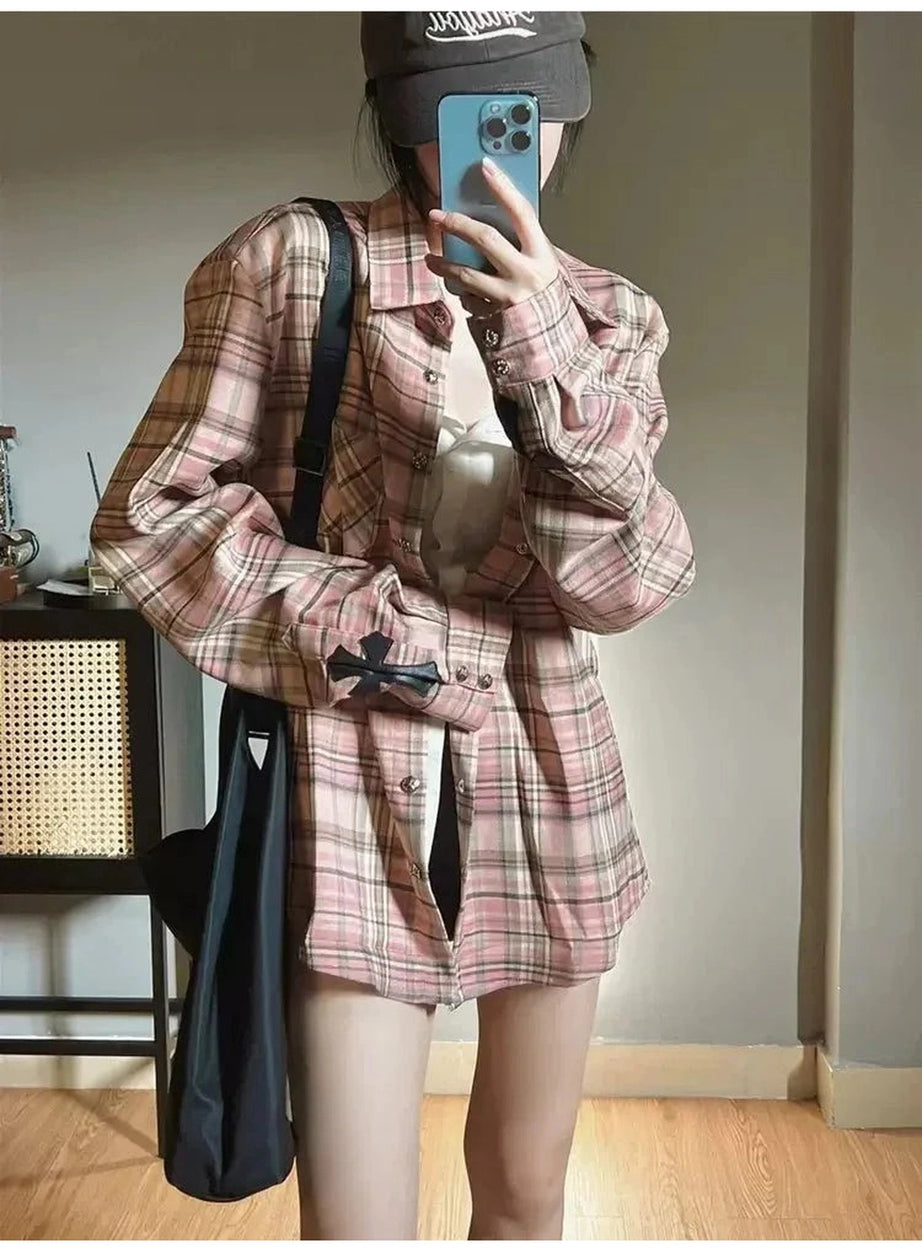 Y2k Pink Plaid Button Up Shirt