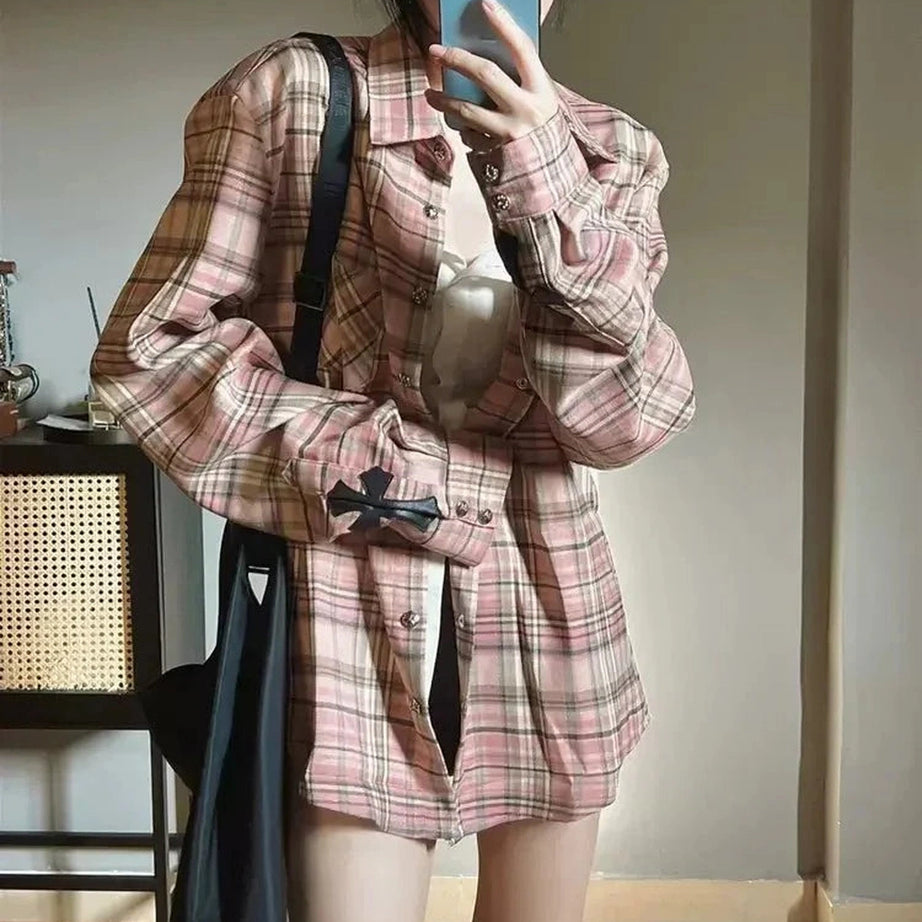 Y2k Pink Plaid Button Up Shirt