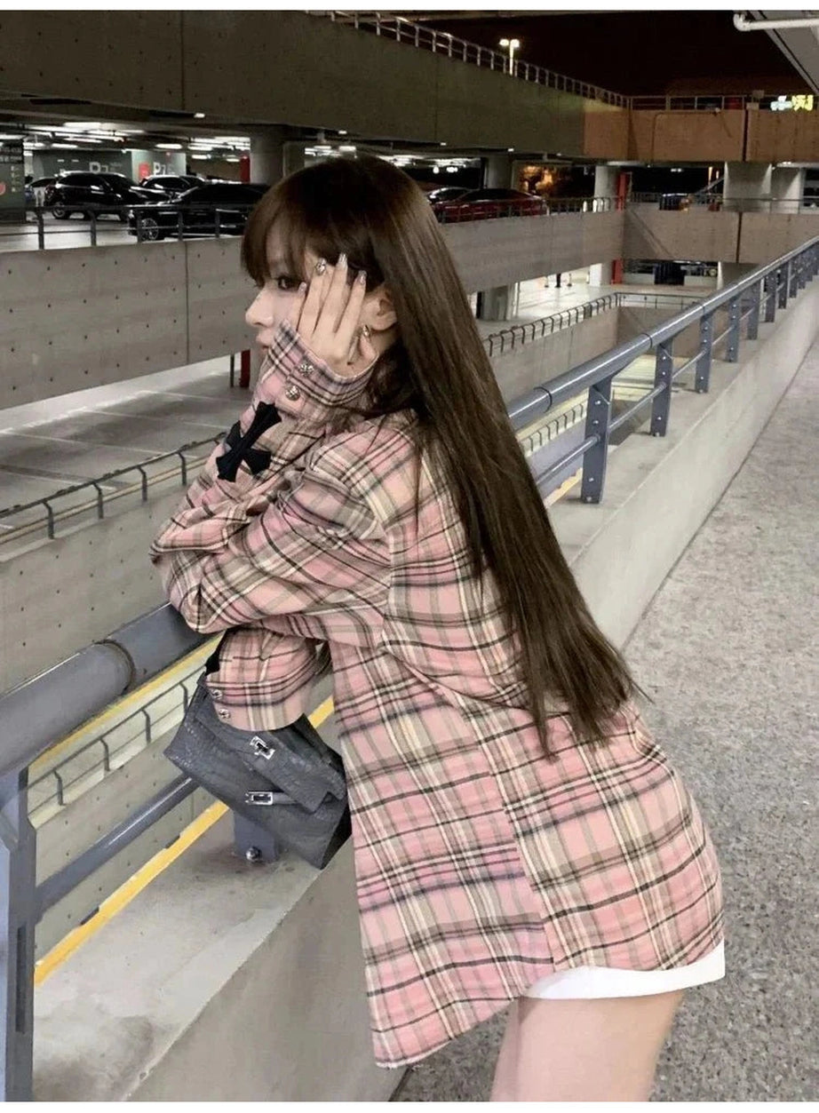 Y2k Pink Plaid Button Up Shirt