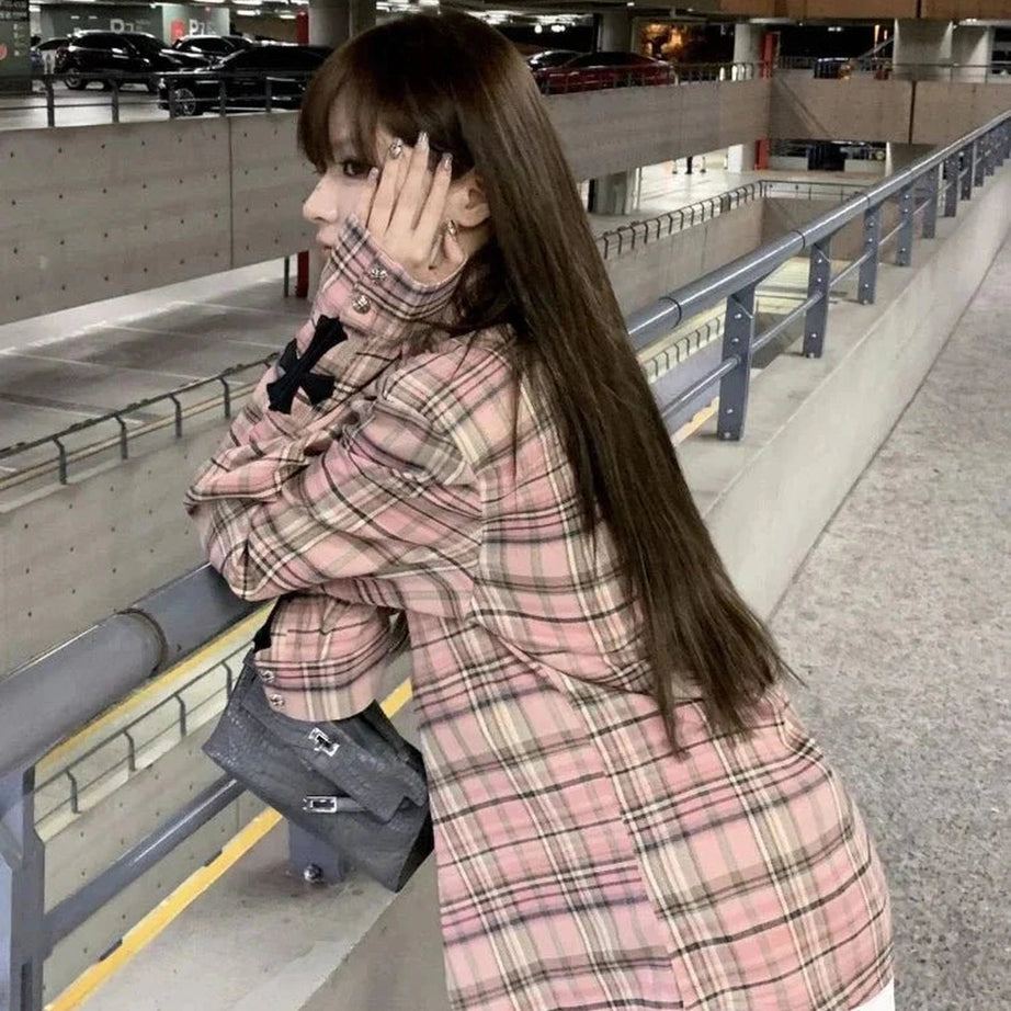 Y2k Pink Plaid Button Up Shirt