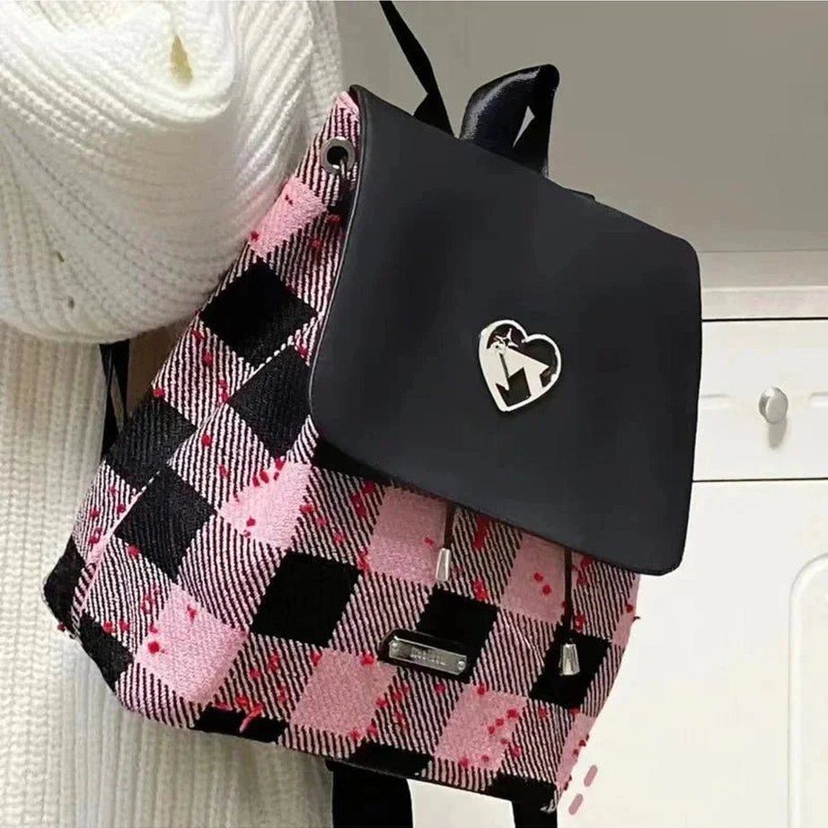 Y2k Pink Plaid Heart Backpack