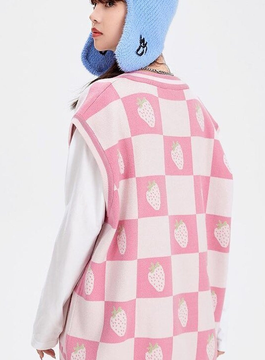 Y2k Pink Plaid V-Neck Vest Sweater