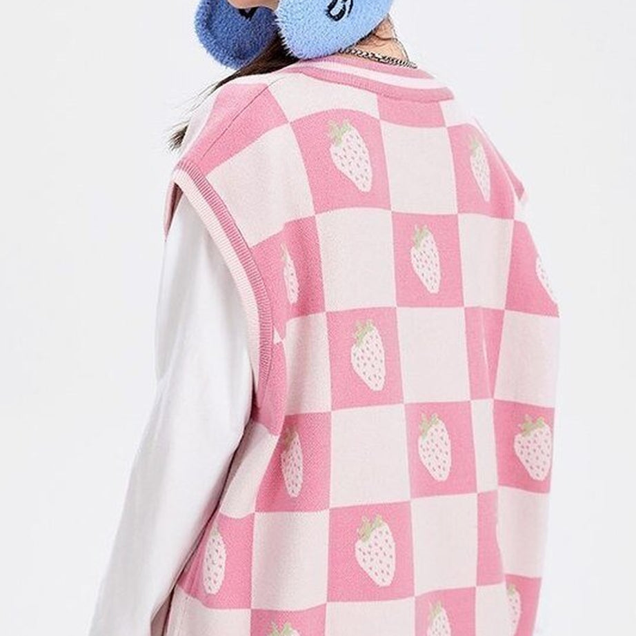 Y2k Pink Plaid V-Neck Vest Sweater