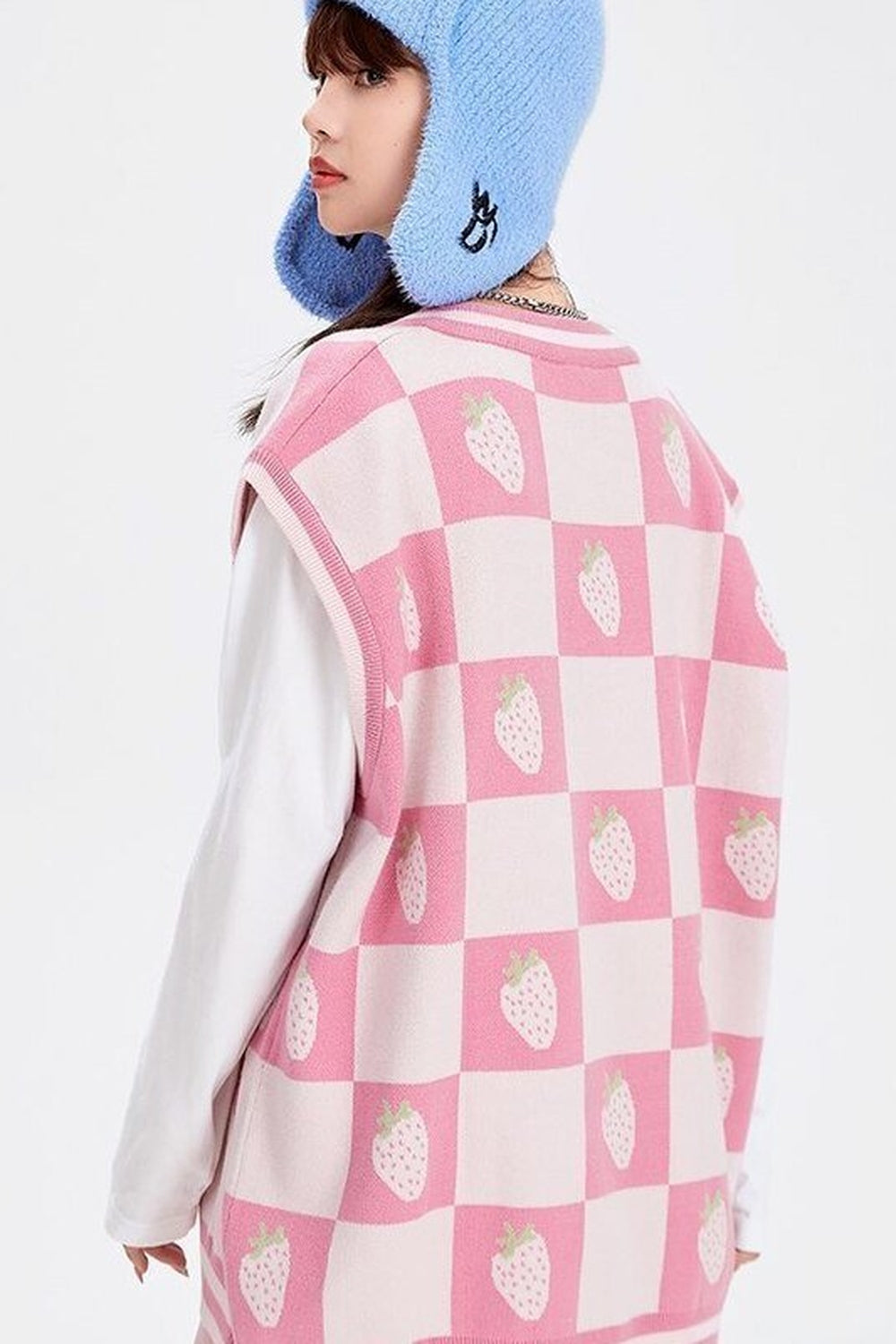 Y2k Pink Plaid V-Neck Vest Sweater