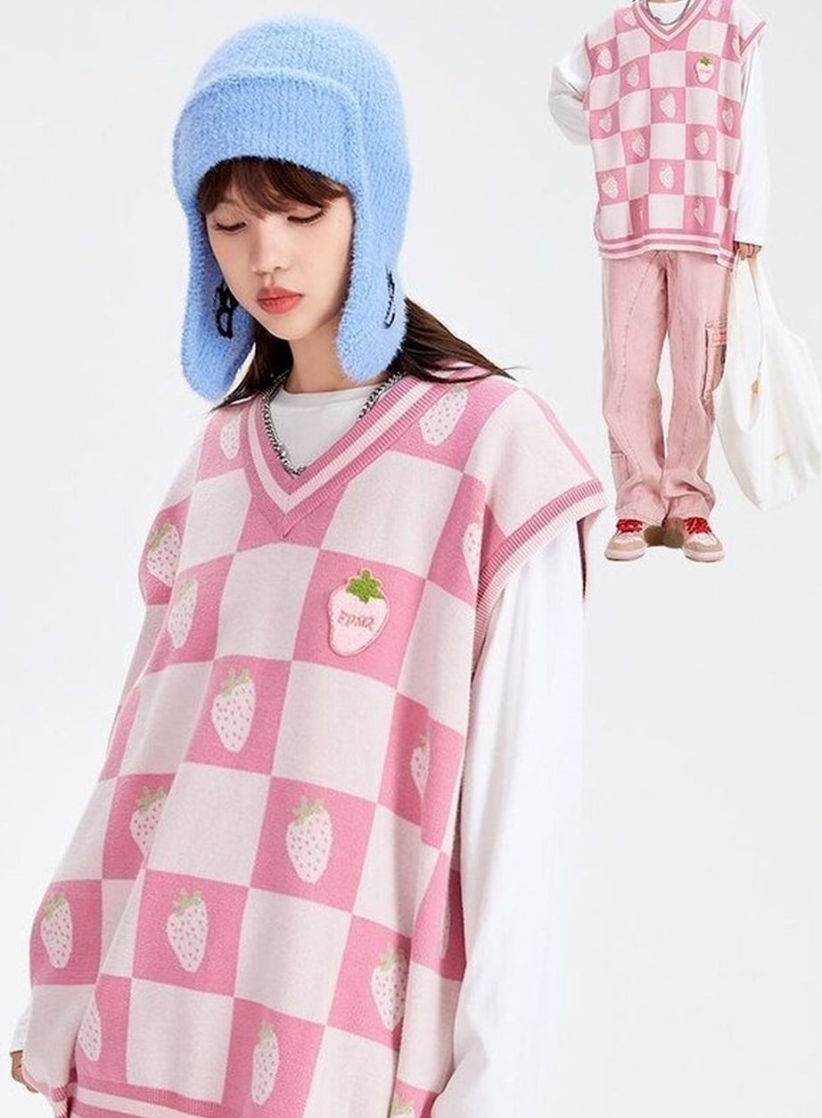 Y2k Pink Plaid V-Neck Vest Sweater