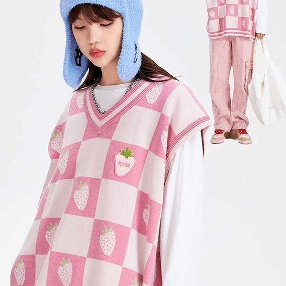 Y2k Pink Plaid V-Neck Vest Sweater