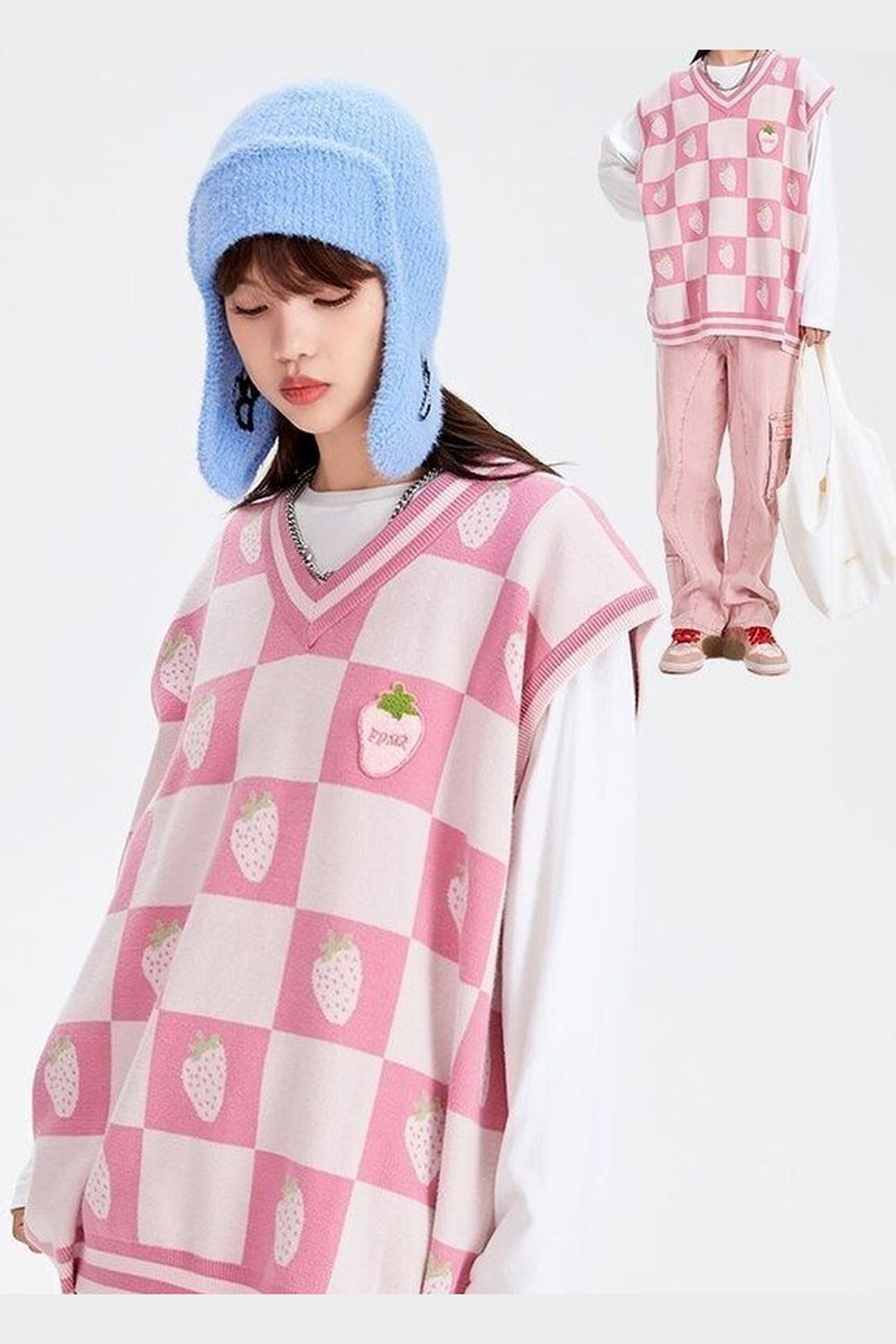 Y2k Pink Plaid V-Neck Vest Sweater