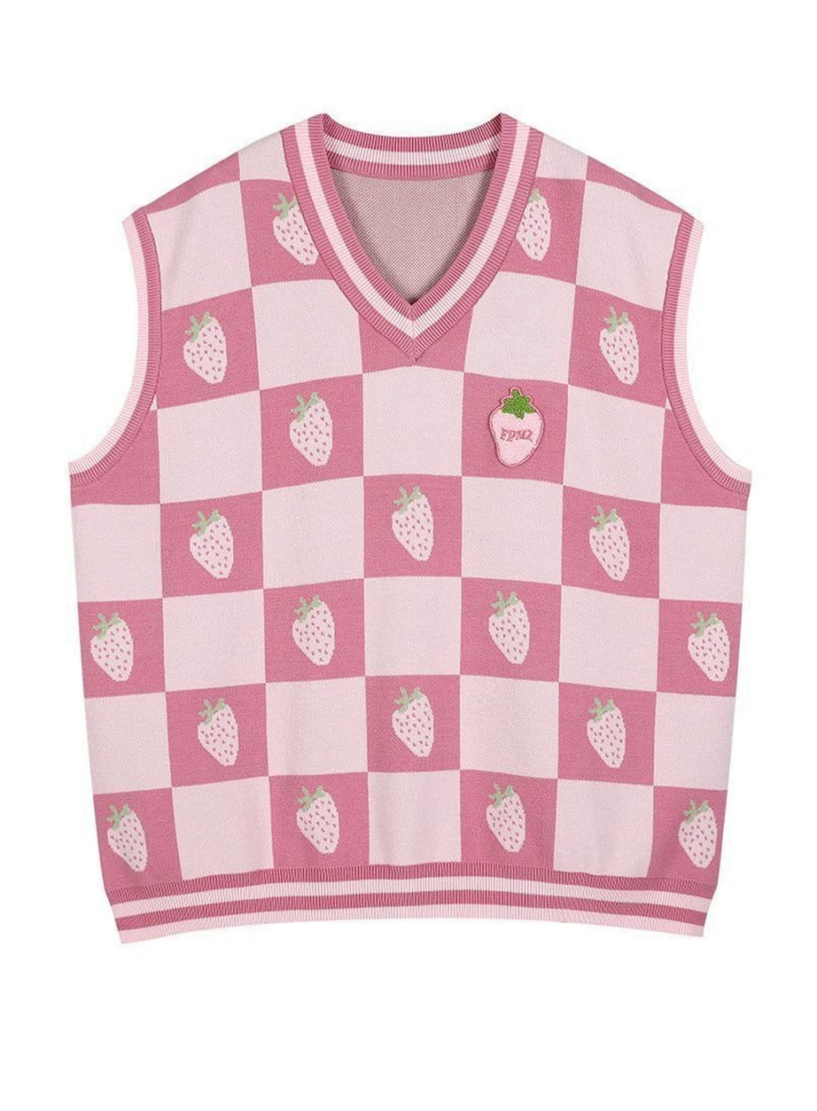 Y2k Pink Plaid V-Neck Vest Sweater