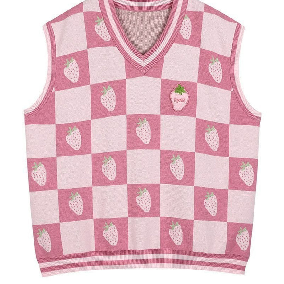 Y2k Pink Plaid V-Neck Vest Sweater