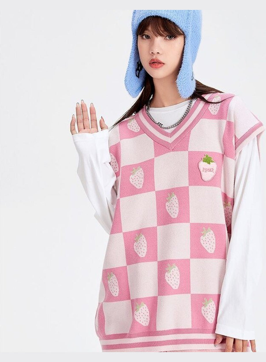 Y2k Pink Plaid V-Neck Vest Sweater