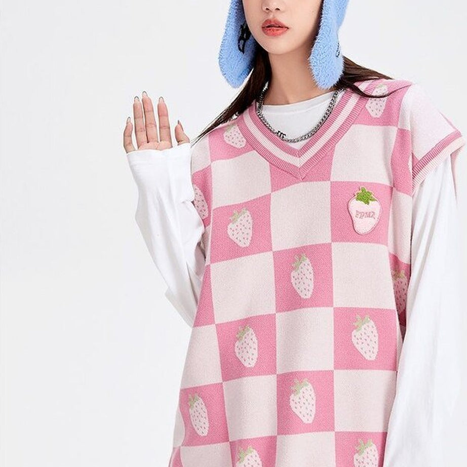 Y2k Pink Plaid V-Neck Vest Sweater