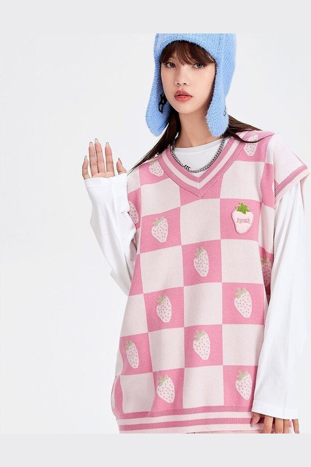 Y2k Pink Plaid V-Neck Vest Sweater