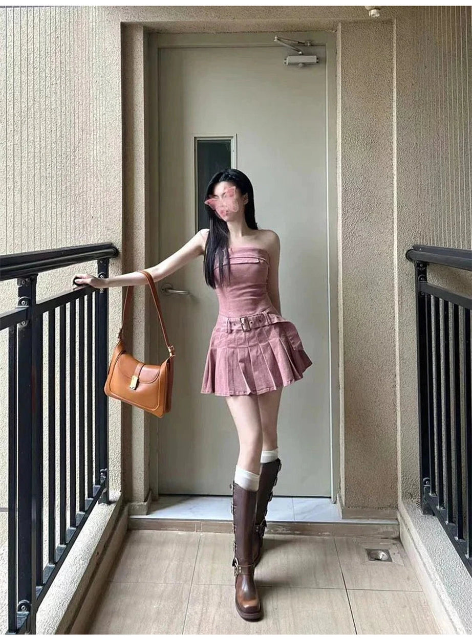 Y2k Pink Strapless Denim Dress