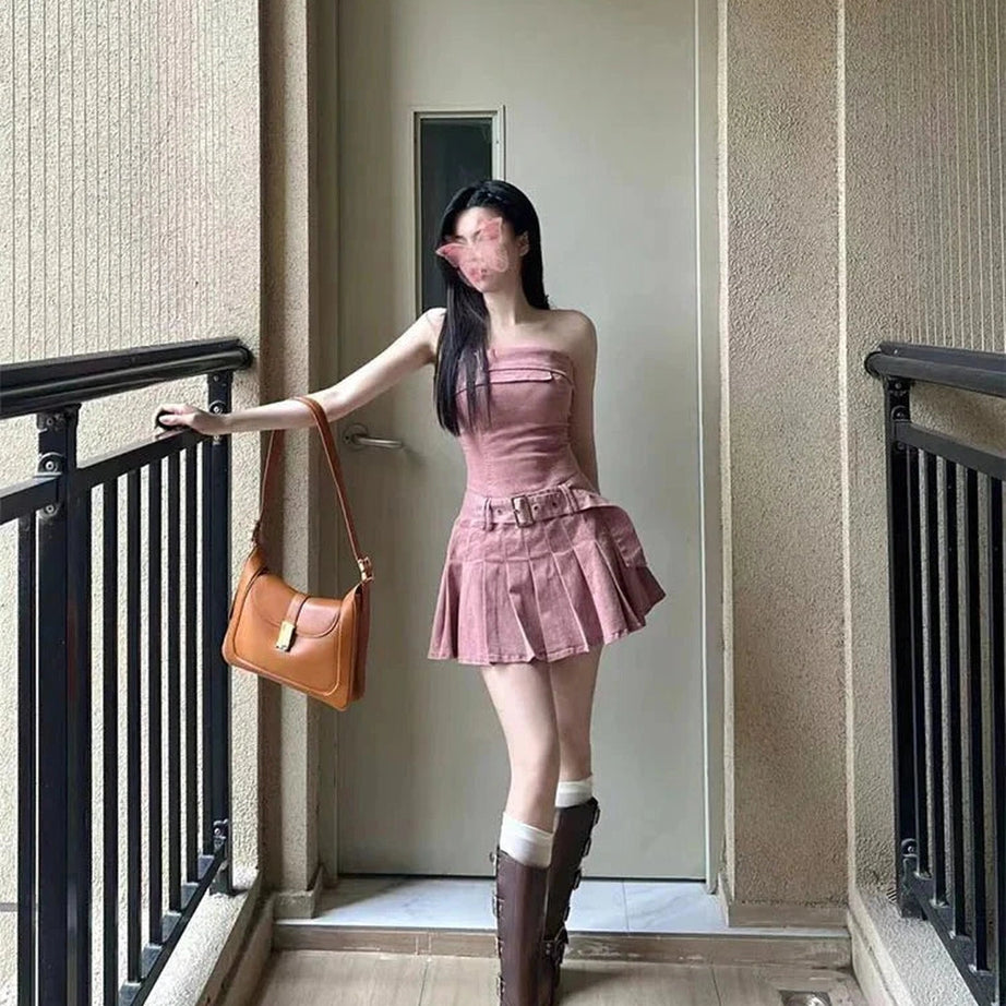 Y2k Pink Strapless Denim Dress