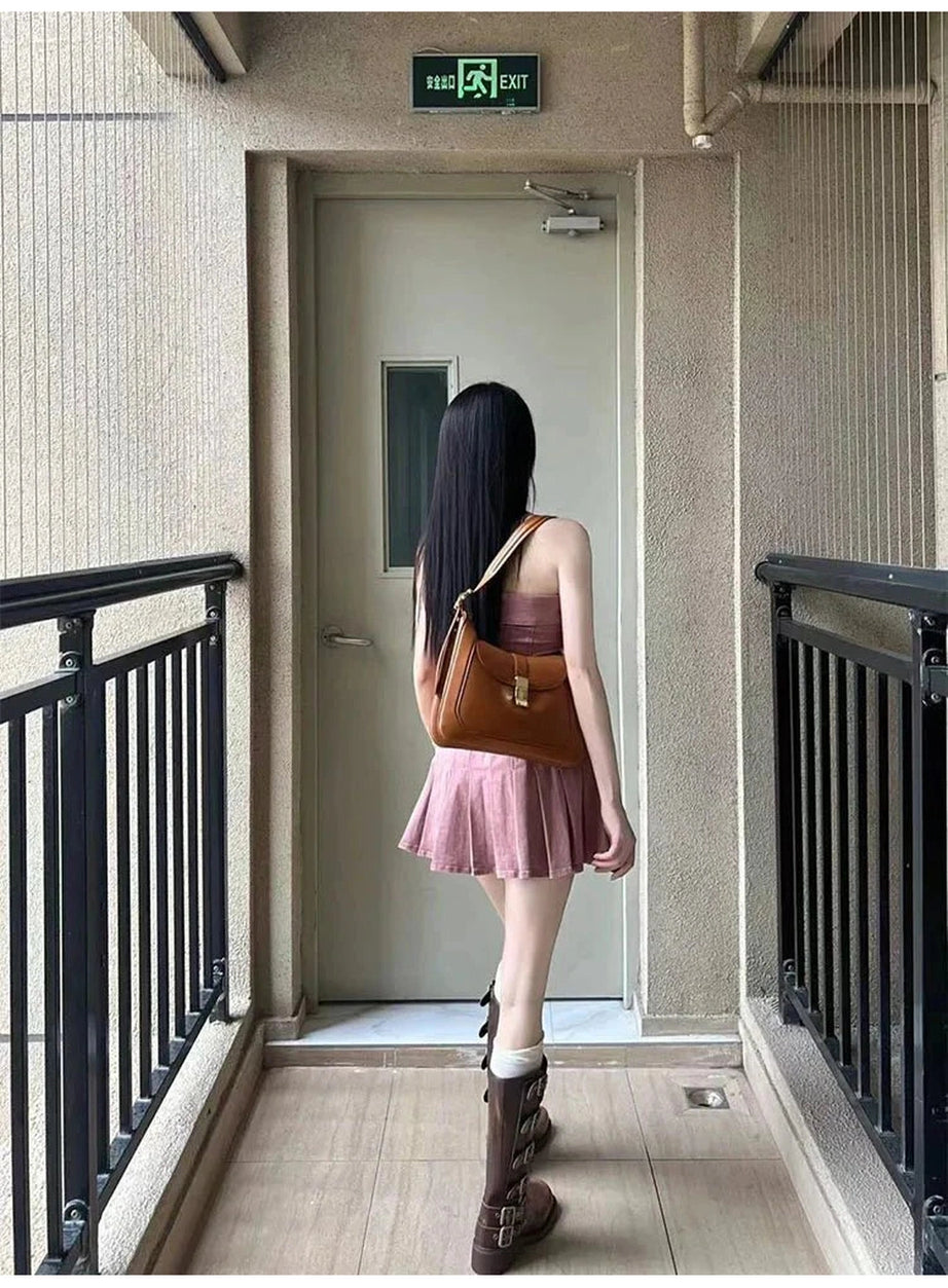 Y2k Pink Strapless Denim Dress