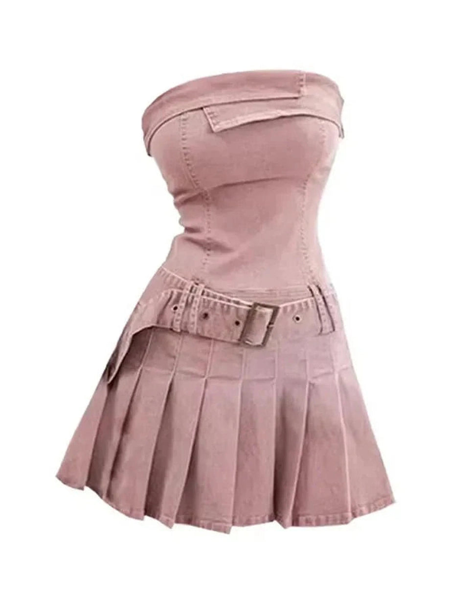 Y2k Pink Strapless Denim Dress