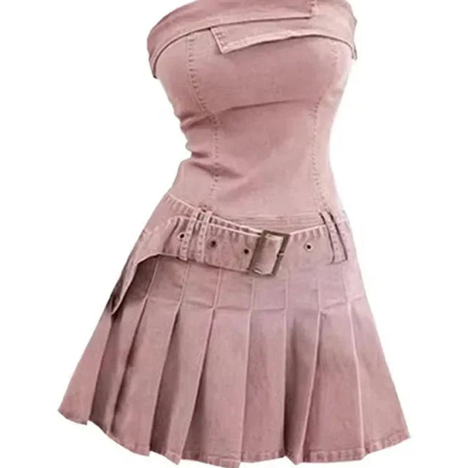 Y2k Pink Strapless Denim Dress