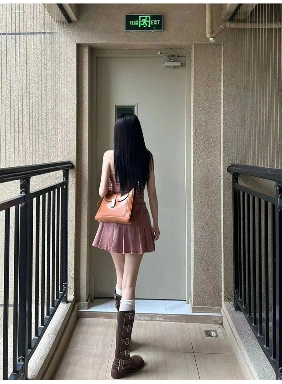 Y2k Pink Strapless Denim Dress