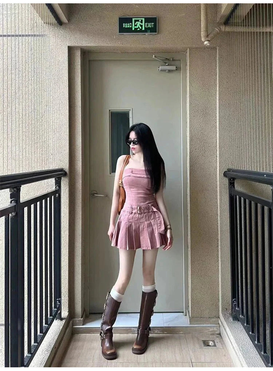 Y2k Pink Strapless Denim Dress