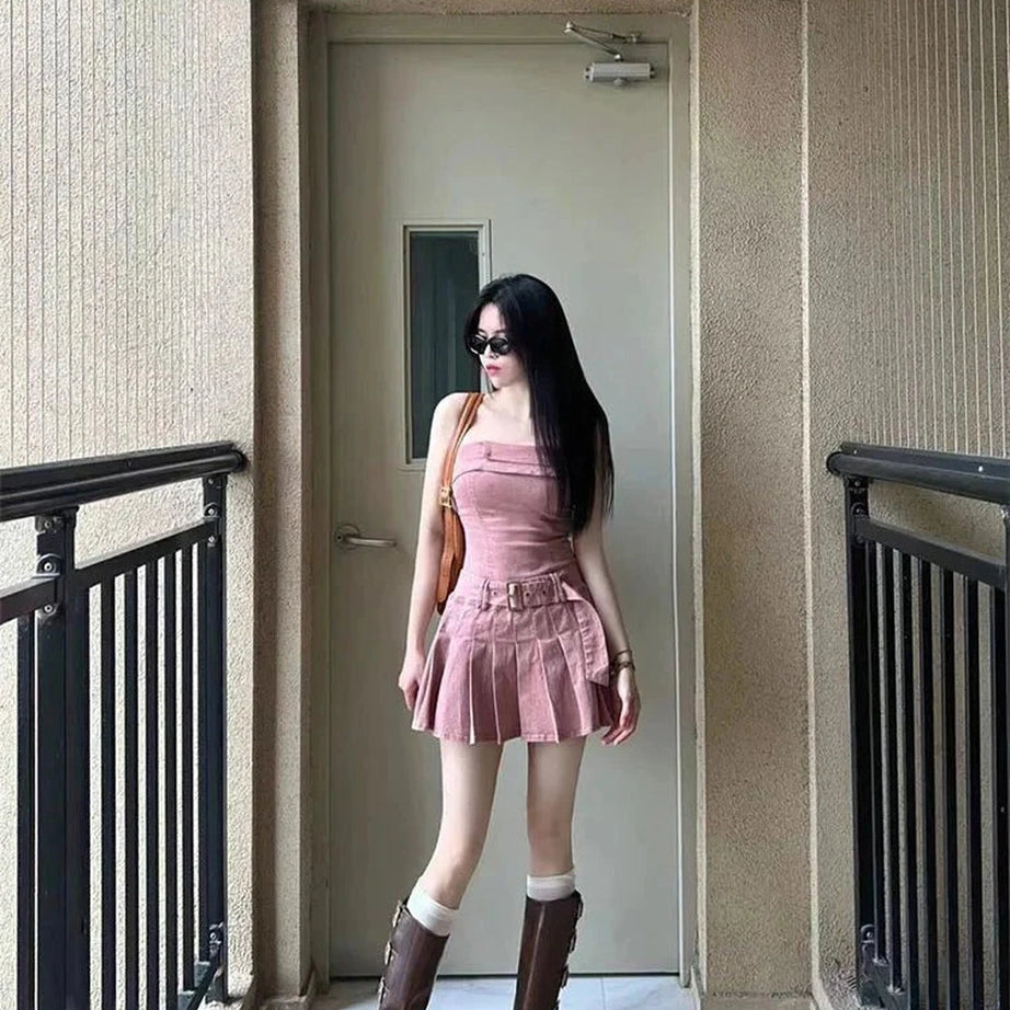 Y2k Pink Strapless Denim Dress