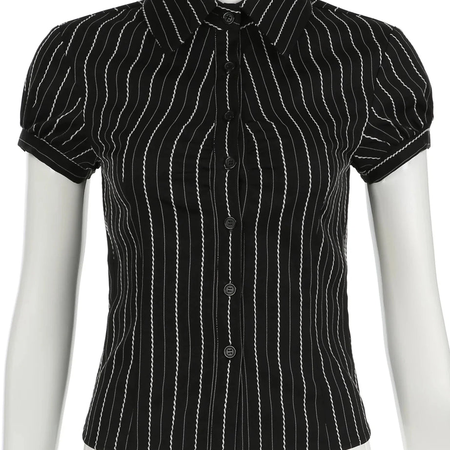 Pinstripe Fitted Button - Up Blouse - Blouses