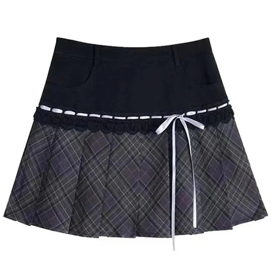 Y2k Plaid Bow Trim Skater Skirt