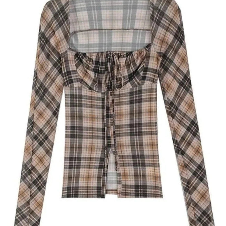 Y2k Plaid Cropped Blouse Sunscreen Top