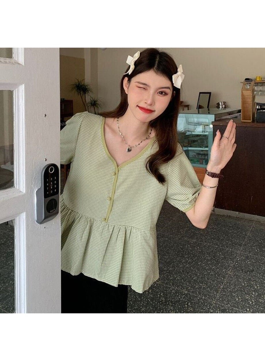 Y2k Plaid Loose Korean Style Blouse