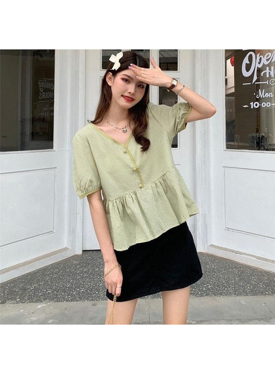 Y2k Plaid Loose Korean Style Blouse