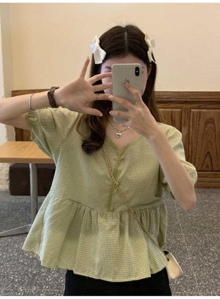 Y2k Plaid Loose Korean Style Blouse