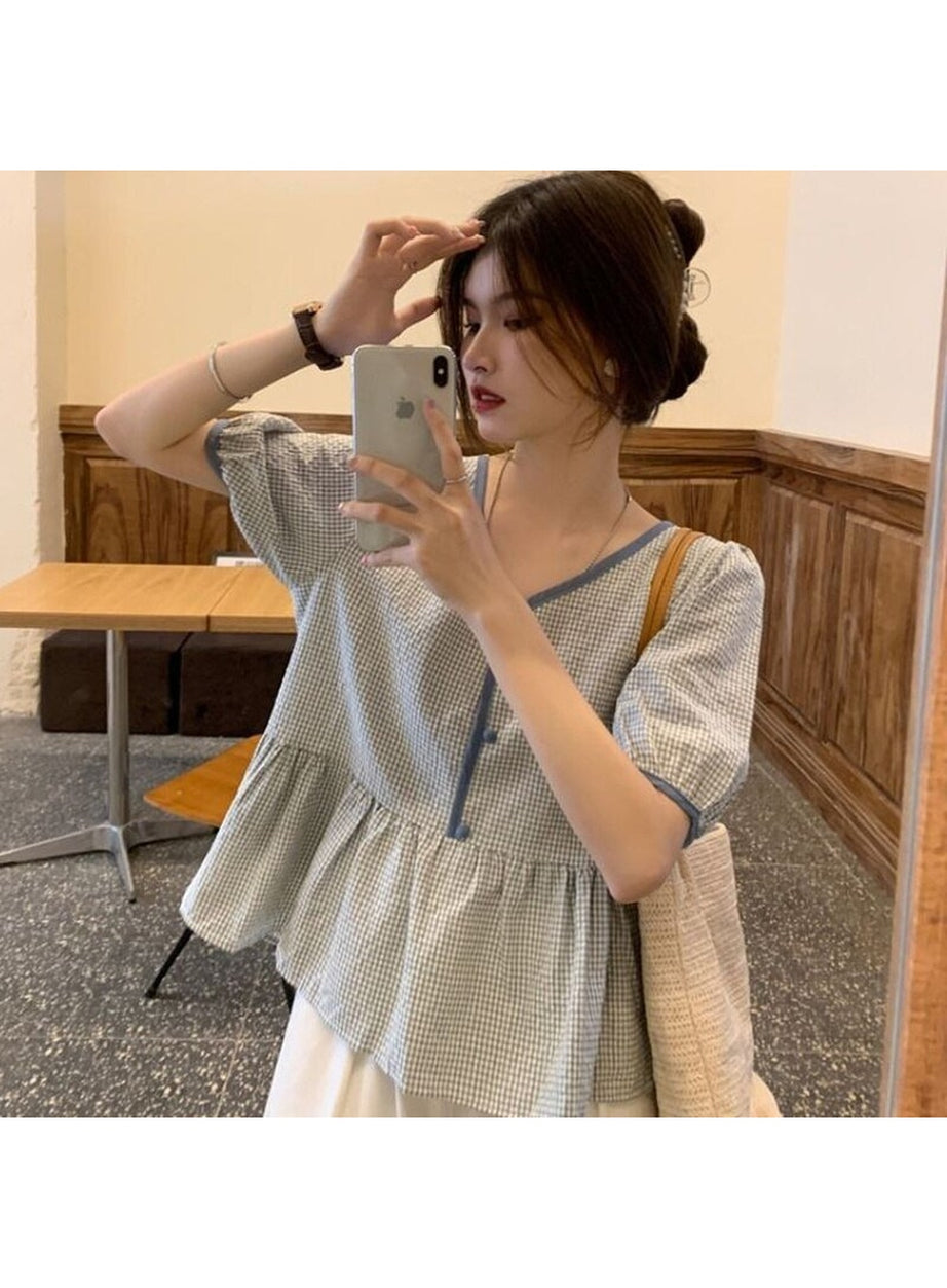 Y2k Plaid Loose Korean Style Blouse