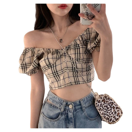 Plaid Puff Sleeve Blouse - Blouses