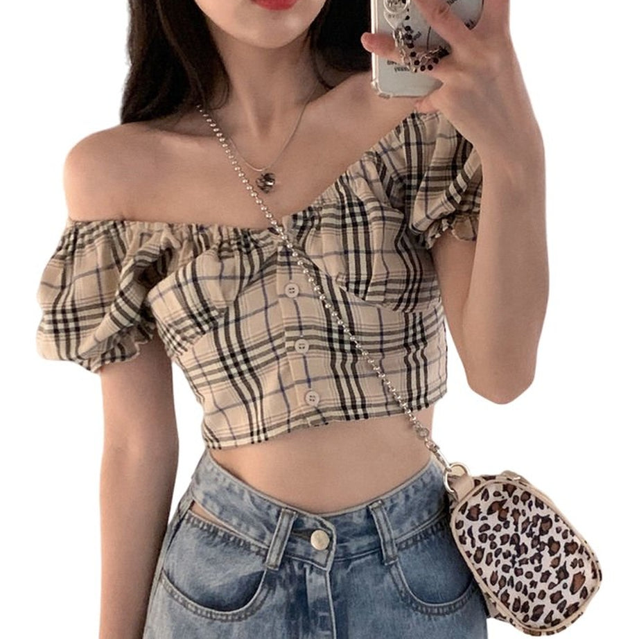 Y2k Plaid Puff Sleeve Blouse