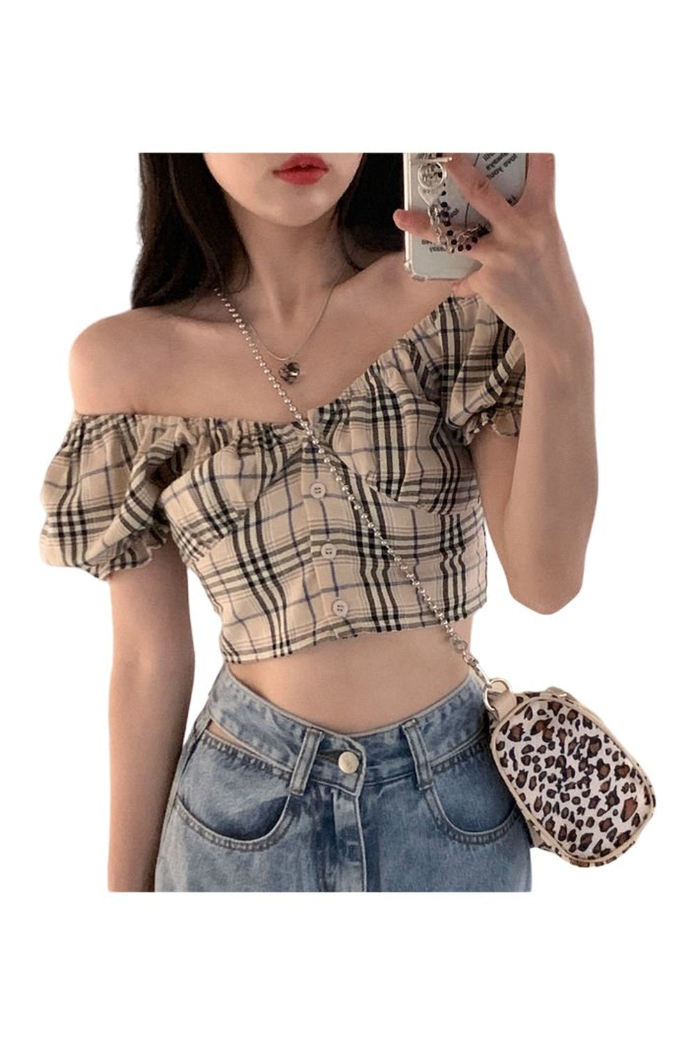 Y2k Plaid Puff Sleeve Blouse