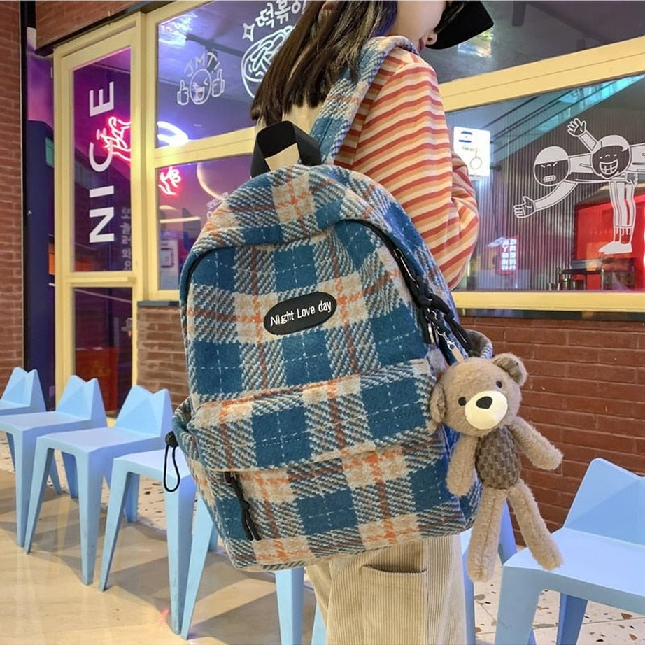 Y2k Plaid Woollen Cloth Backpack