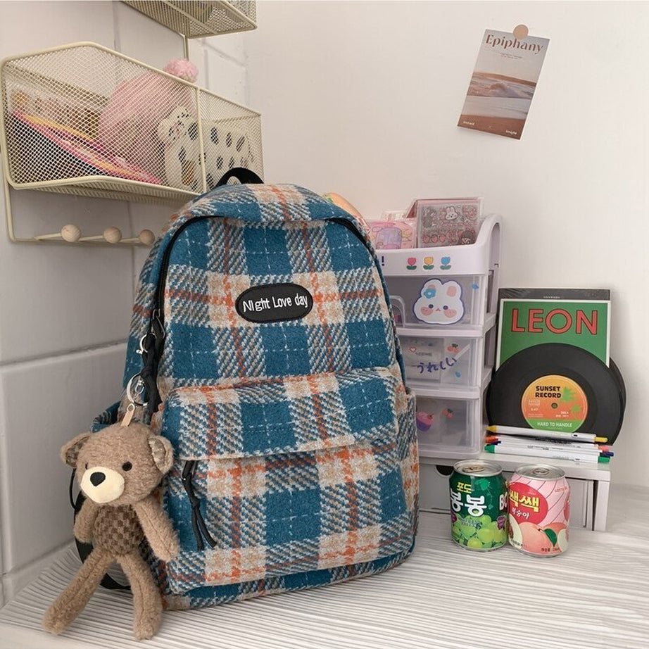 Y2k Plaid Woollen Cloth Backpack