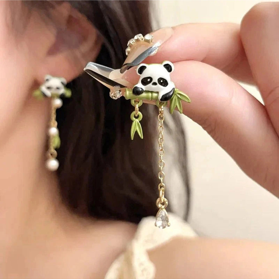 Y2k Playful Panda Drop Earring with Bamboo Charm