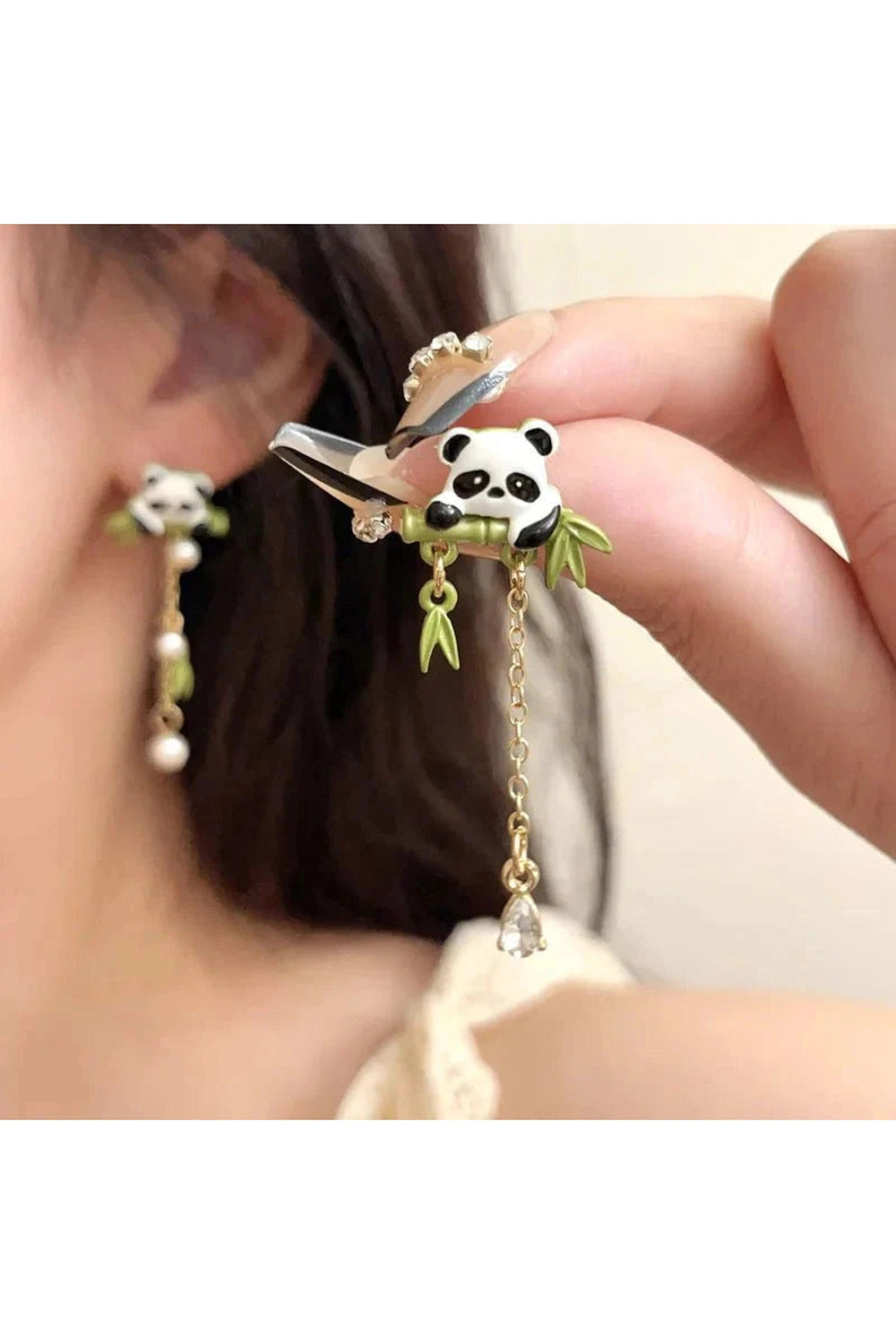 Y2k Playful Panda Drop Earring with Bamboo Charm