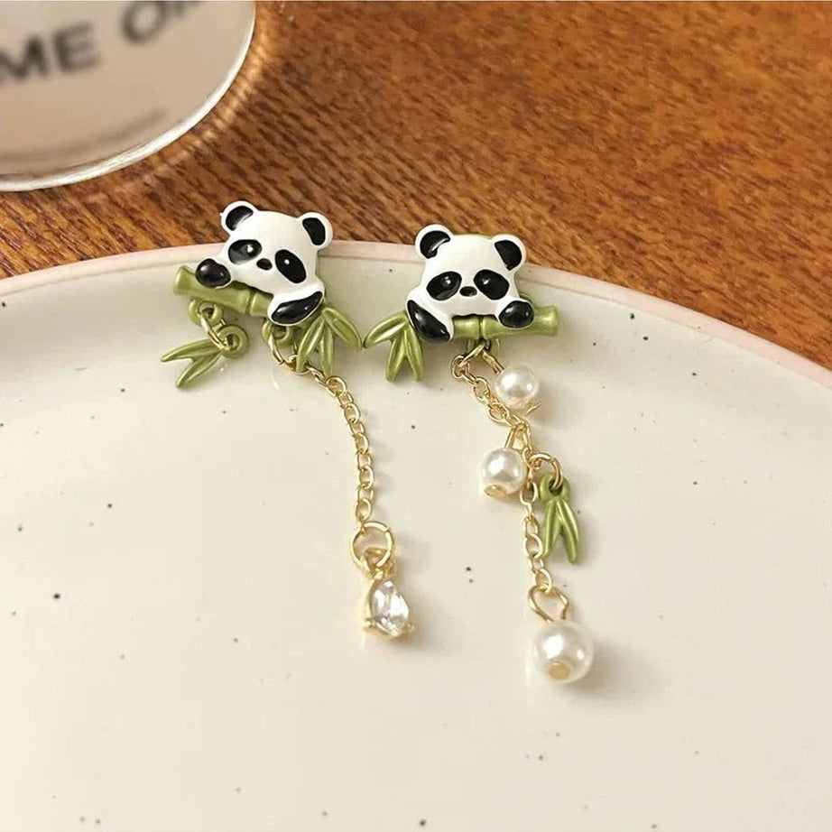 Y2k Playful Panda Drop Earring with Bamboo Charm