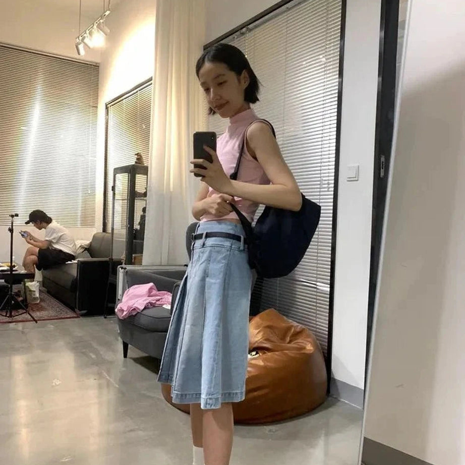 Y2k Pleated Blue Jeans Midi Skirt