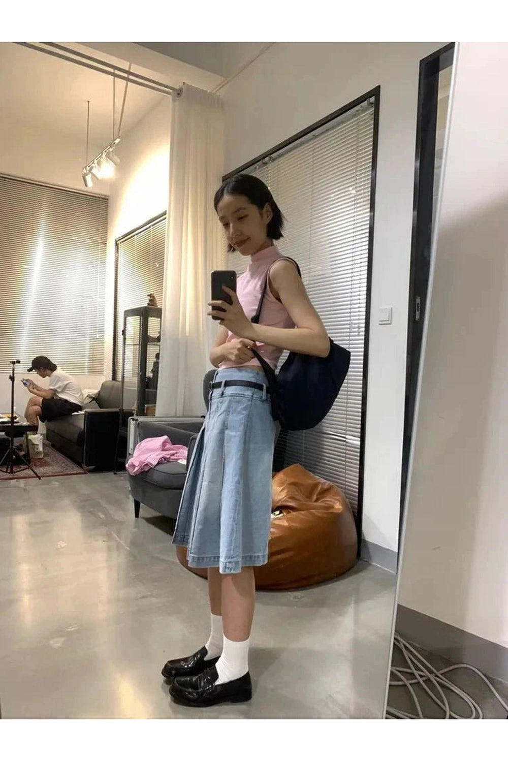 Y2k Pleated Blue Jeans Midi Skirt