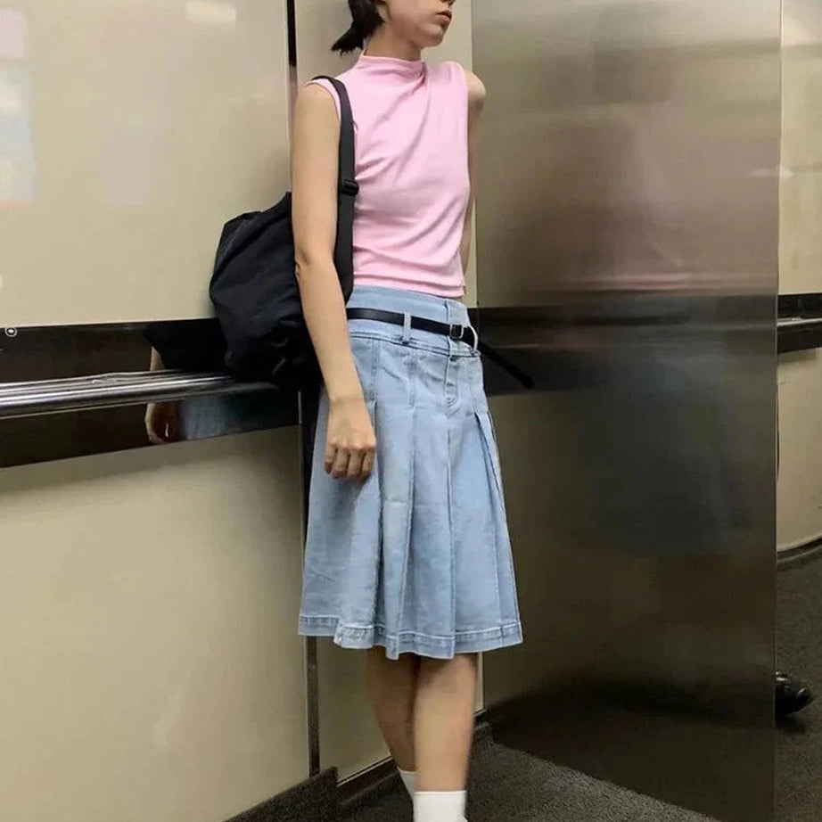 Y2k Pleated Blue Jeans Midi Skirt