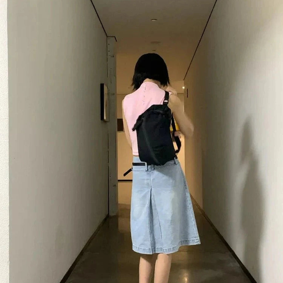 Y2k Pleated Blue Jeans Midi Skirt