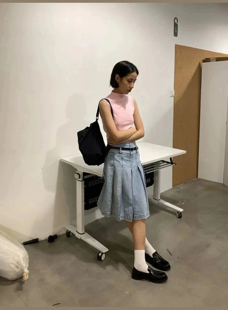 Y2k Pleated Blue Jeans Midi Skirt