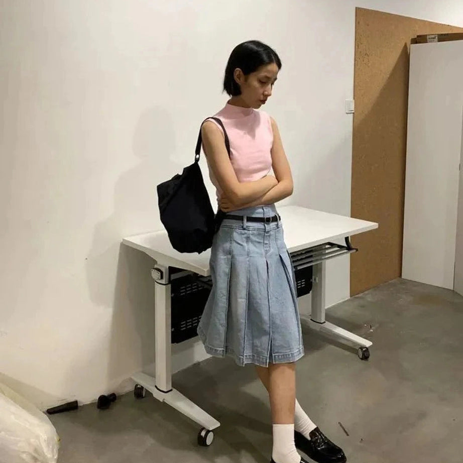 Y2k Pleated Blue Jeans Midi Skirt