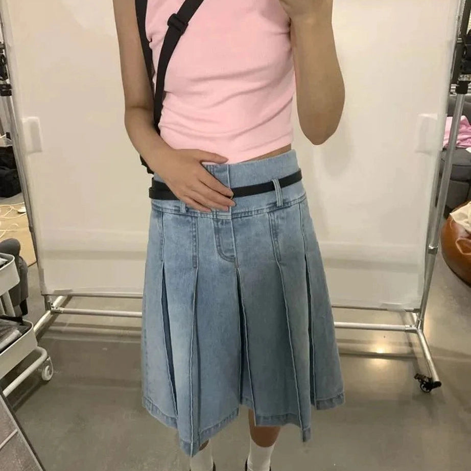 Y2k Pleated Blue Jeans Midi Skirt