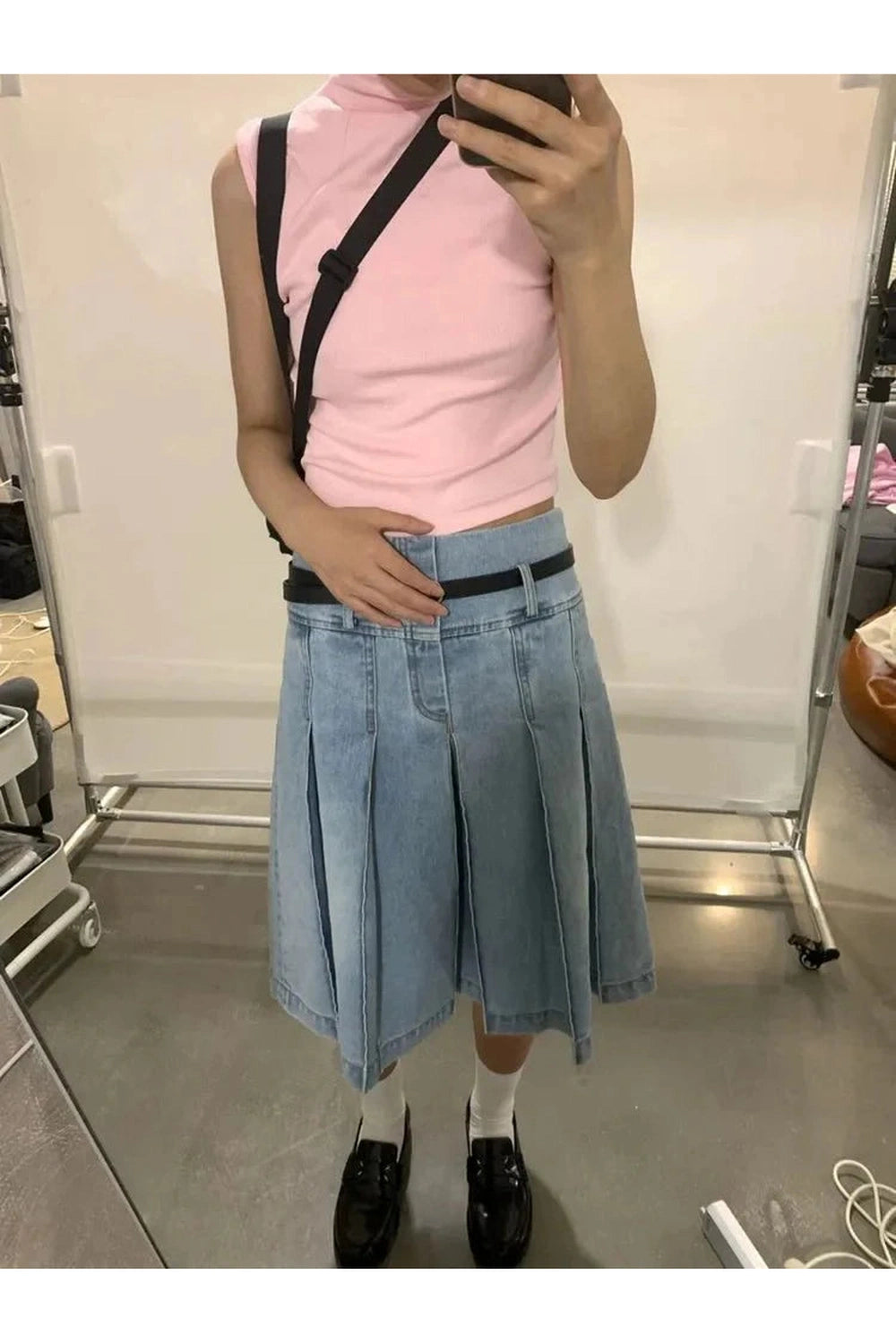 Y2k Pleated Blue Jeans Midi Skirt