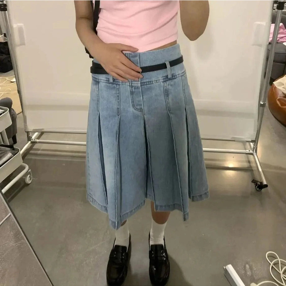 Y2k Pleated Blue Jeans Midi Skirt